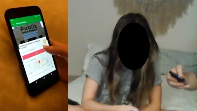 Frame from the video of the user task analysis one of my teammates performed with a similar app called Wheelguide. The left half of the frame shows the phone with the profile of a Publix within the app. The right half of the screen shows the test subject, with her face obscured to protect her privacy.